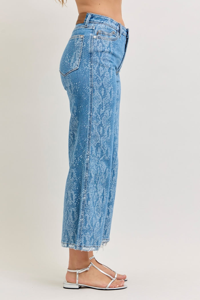 Light blue Judy Blue high rise ankle wide leg jeans with a relaxed fit and classic denim texture.