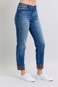 Plaid Print Cuff Straight Leg Jeans with Pockets