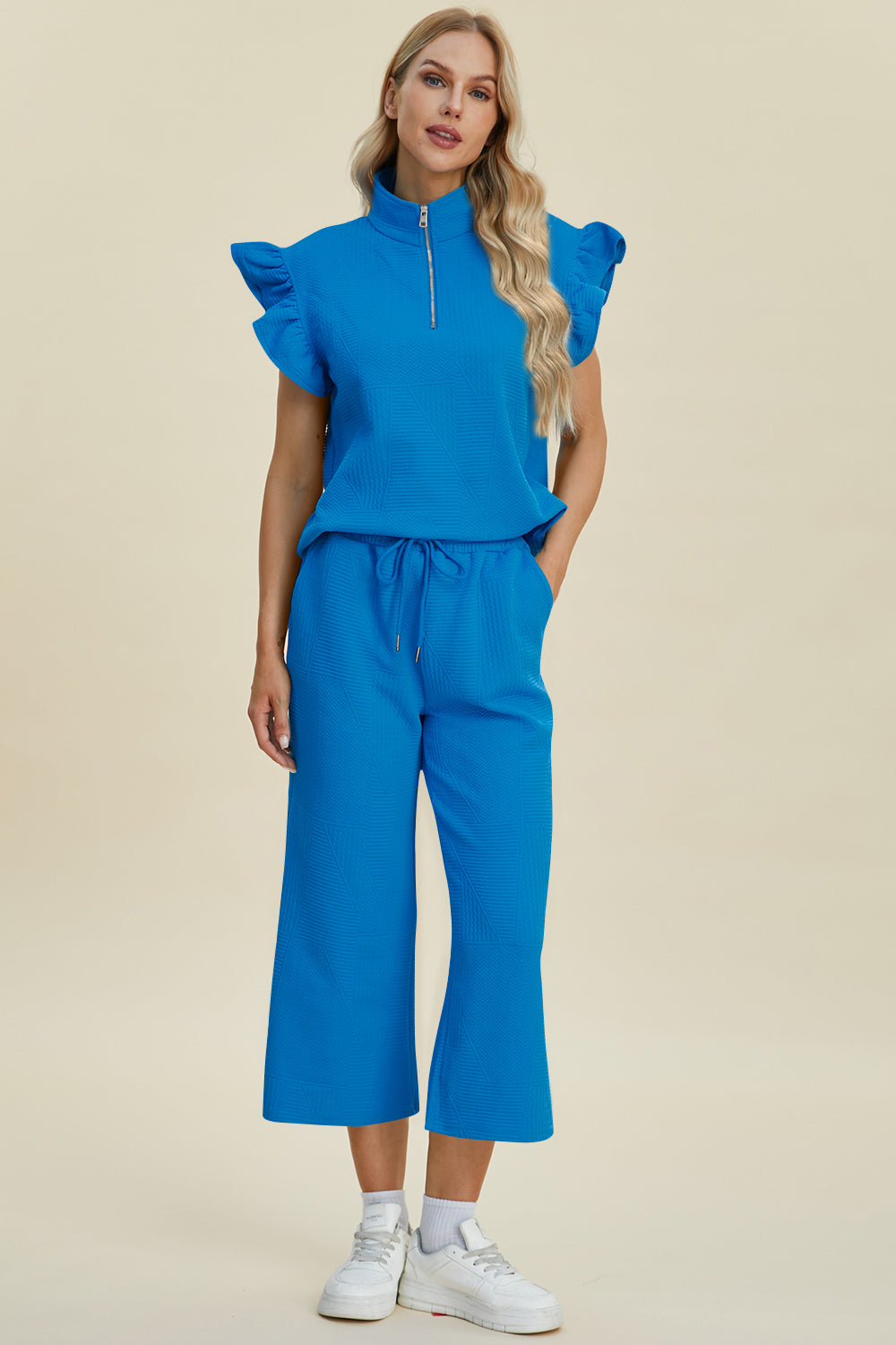 Double Take Texture Ruffle Short Sleeve Top and Wide Leg Pants Set