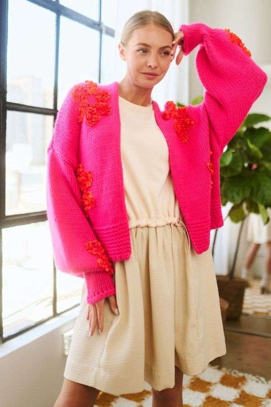 Floral Applique Open Front Drop Shoulder Cardigan