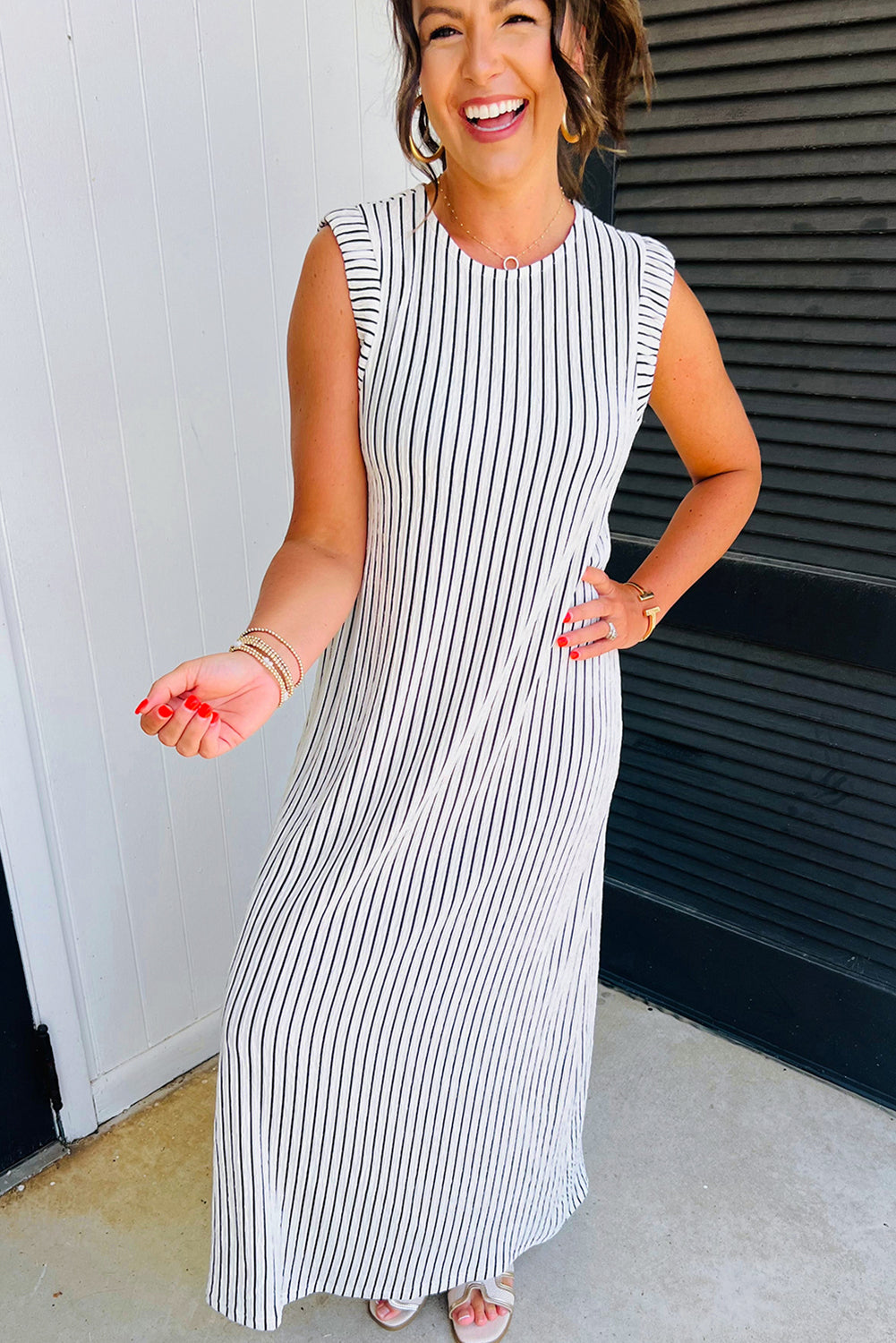 Black White Striped Round Neck Maxi Vest Dress