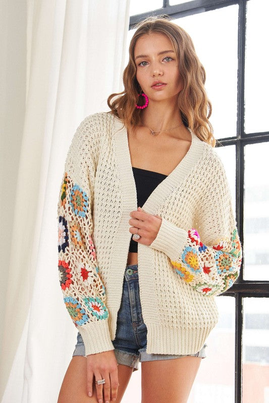 Contrast Crochet Open Front Long Sleeve Cardigan