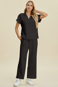 Double Take Collared Neck Short Sleeve Top and Pants Set