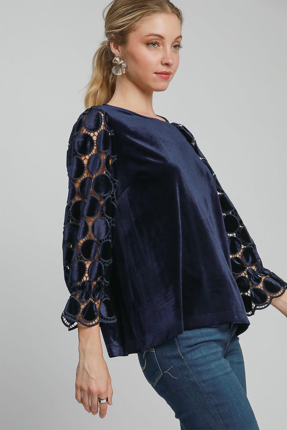 Polka Dot Lace Long Sleeve Round Neck Blouse