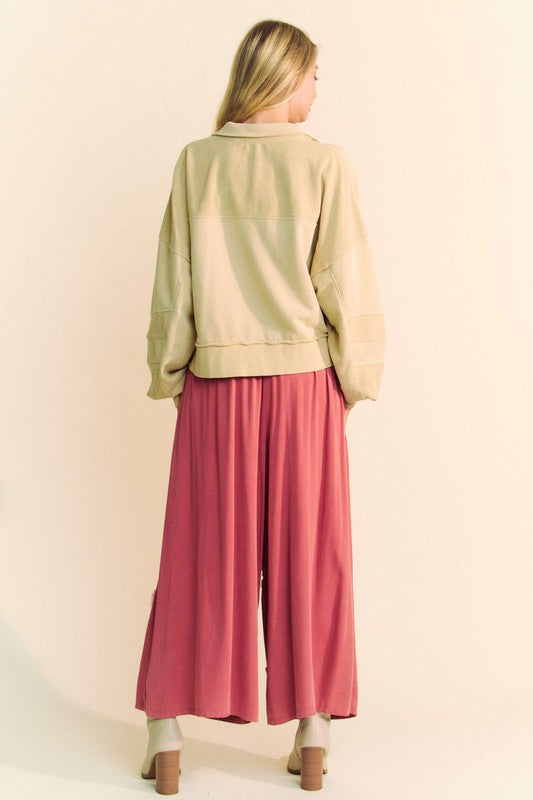 Smocked Waist Flower Patch Wide Leg Pants