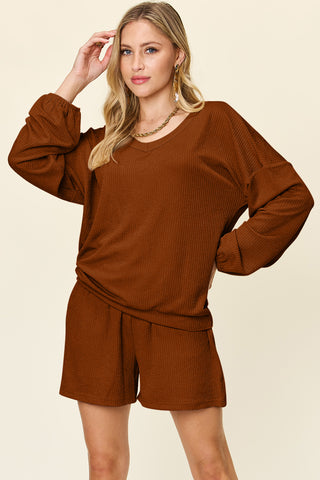 Double Take Texture V-Neck Long Sleeve T-Shirt and Shorts Set