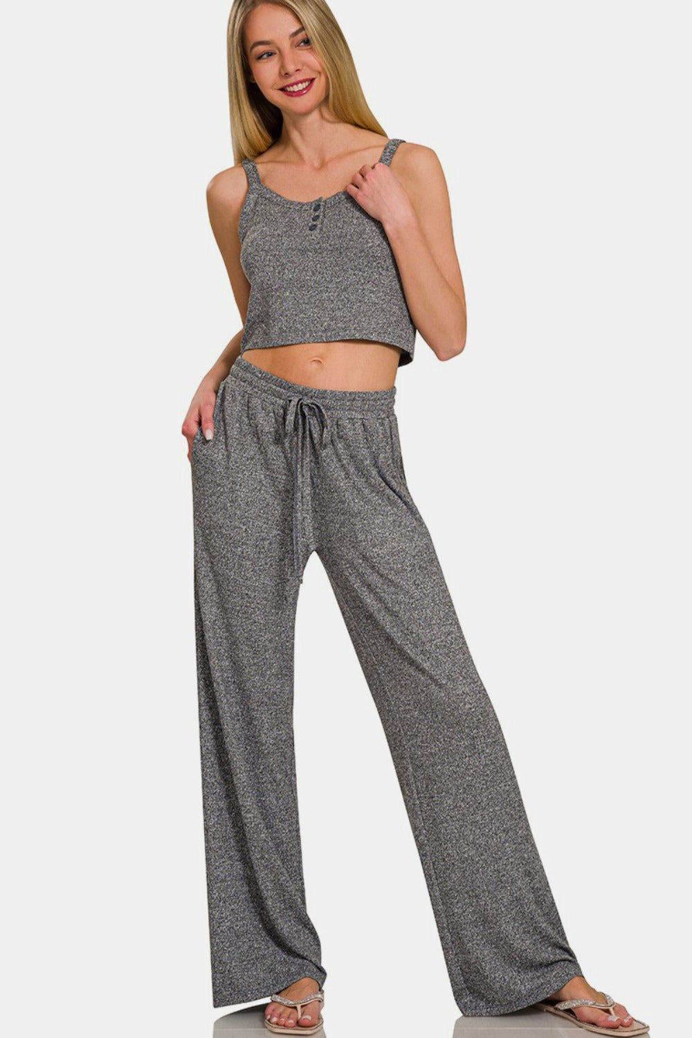 Drawstring Wide Leg Pants with Side Pockets