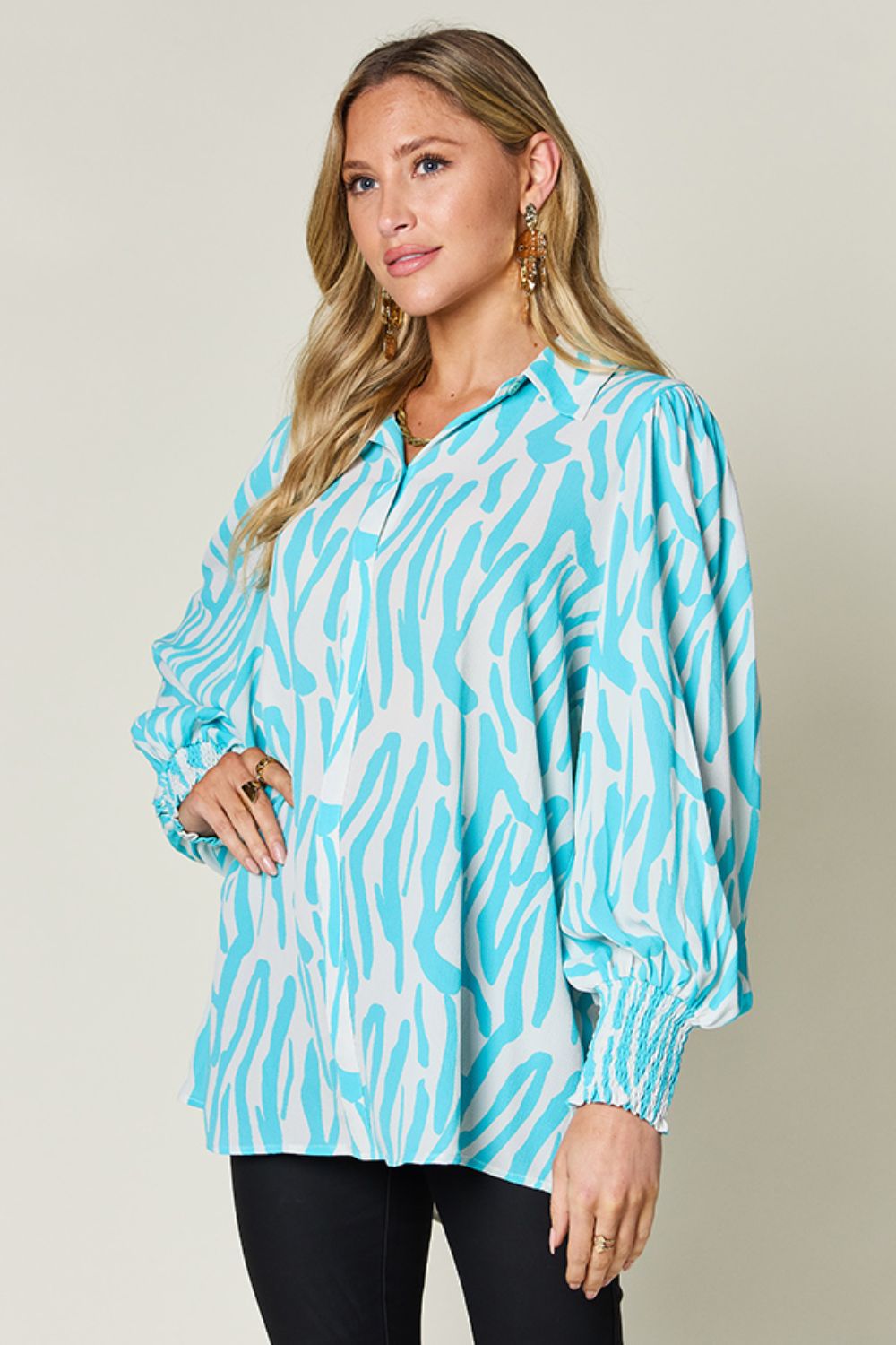 Double Take Printed Smocked Long Sleeve Blouse