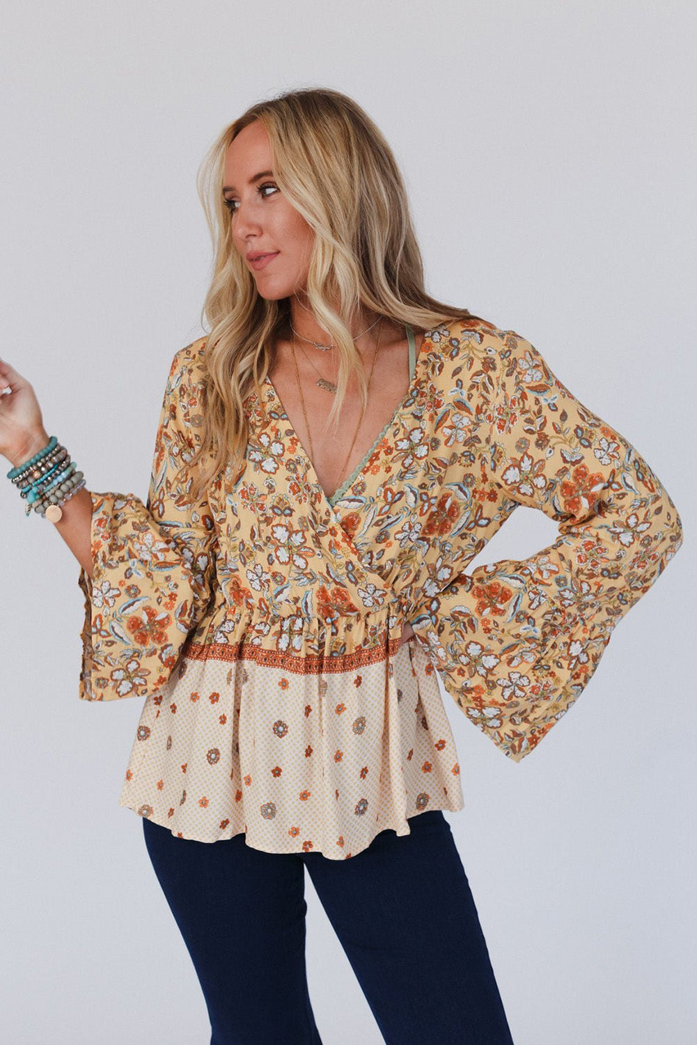 Yellow Floral V Neck Bell Sleeve Peplum Blouse