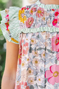 Pink Floral Print Ruffle Trim Pleated Boho Blouse