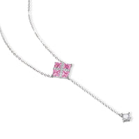 White gold plated jewelry set with pink cubic zirconia stones in geometric cross design, featuring Y-necklace and square stud earrings