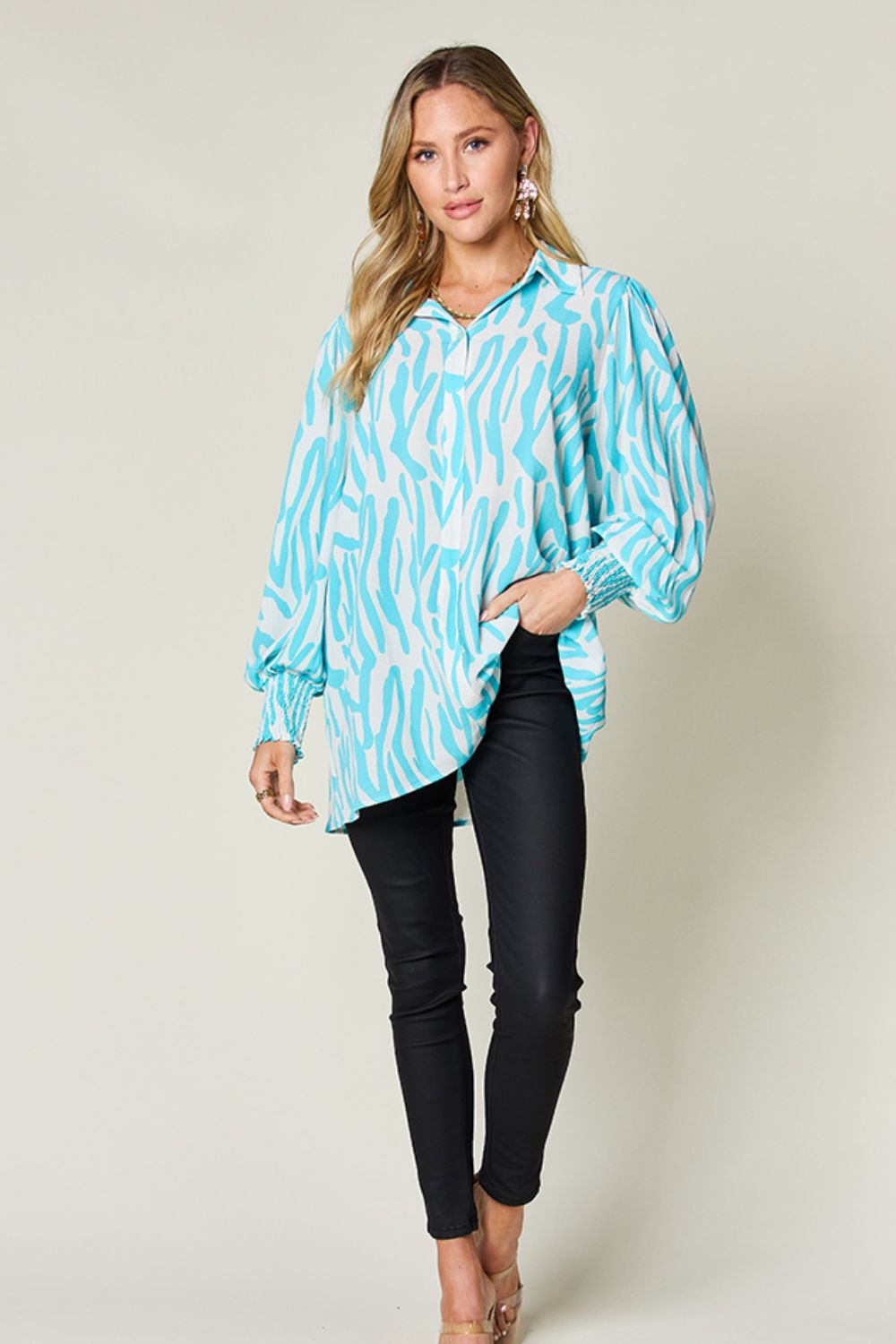 Double Take Printed Smocked Long Sleeve Blouse