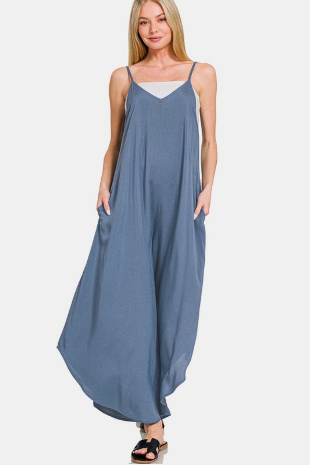 Spaghetti Strap Wide Leg Overalls with Pockets