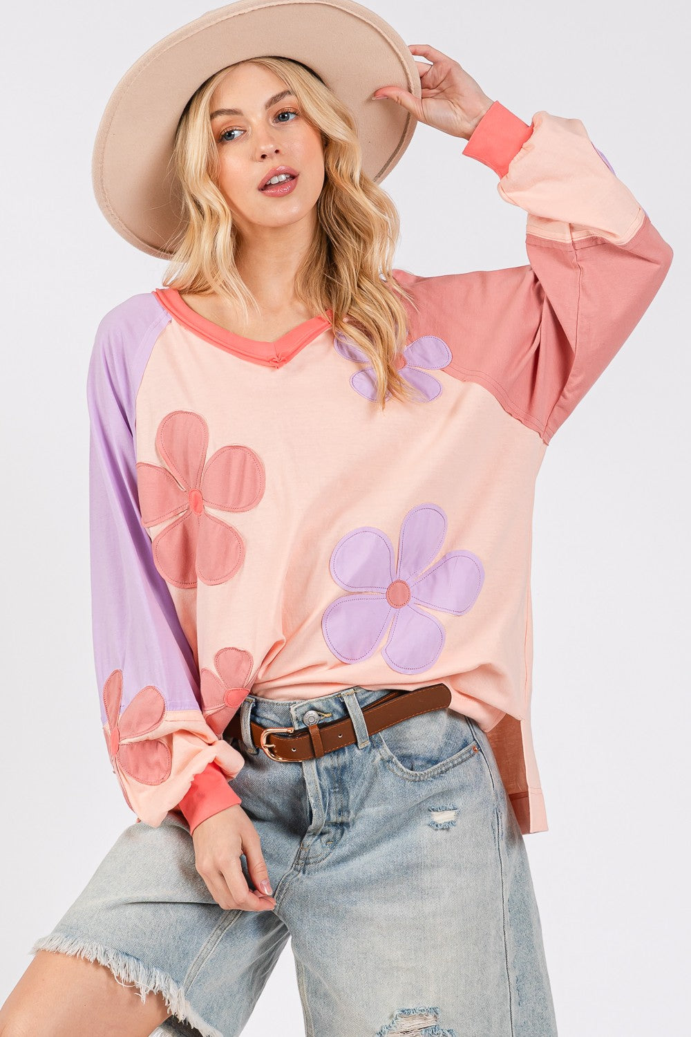 SAGE + FIG Daisy Applique Patch Color Block Long Sleeve Top