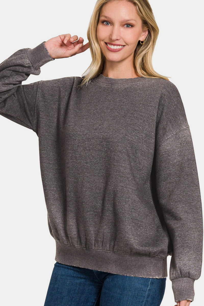 Zenana Acid Wash Fleece Long Sleeve Sweatshirt