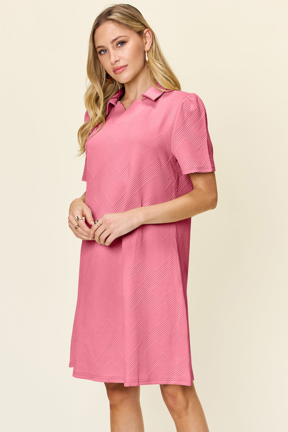 Double Take Texture Collared Neck Short Sleeve Dress