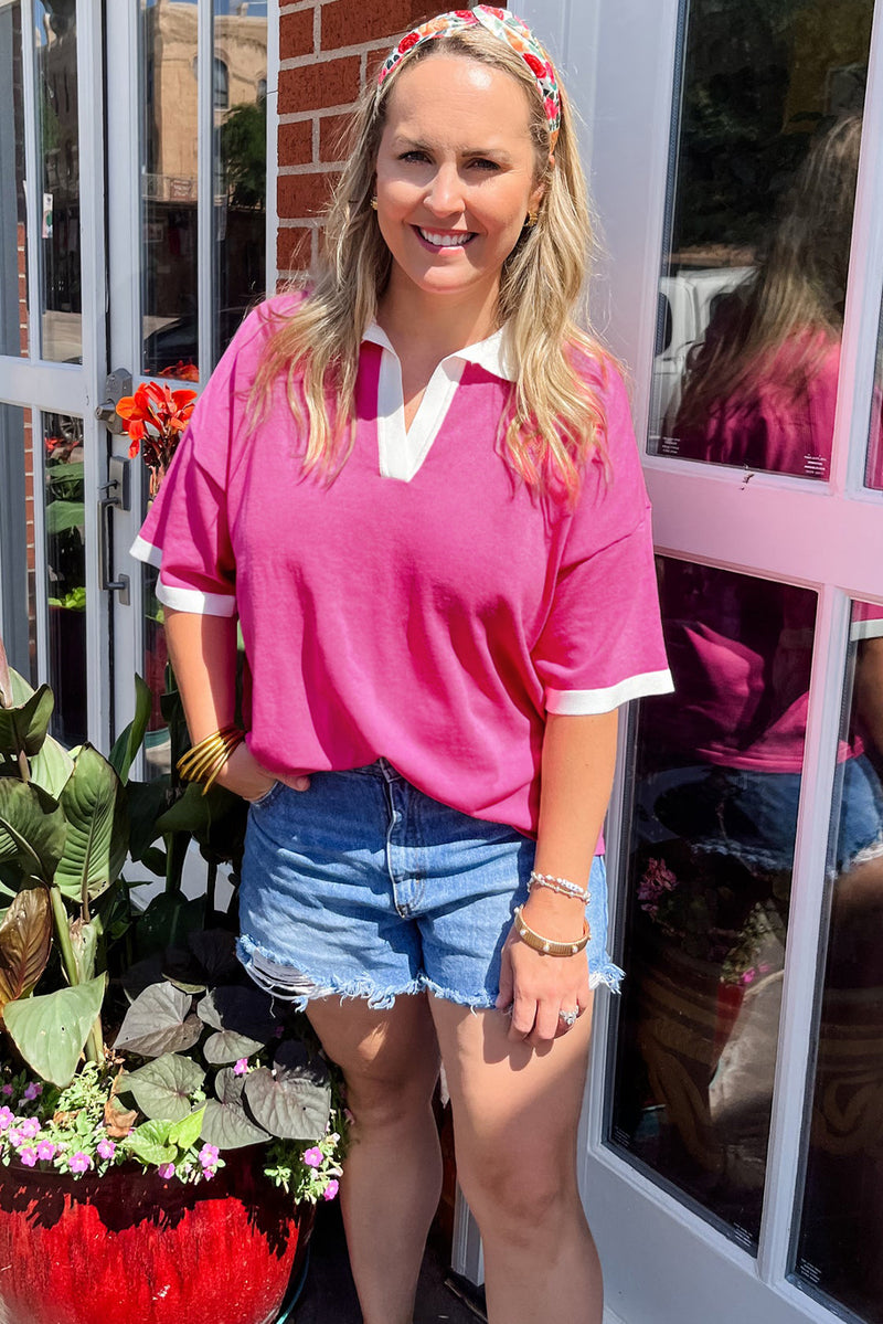 Pink Contrast Trim Collared Split Neck Plus Size Top