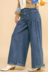 Drawstring Hem Wide Leg Mid Rise Jeans