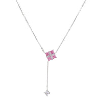 White gold plated jewelry set with pink cubic zirconia stones in geometric cross design, featuring Y-necklace and square stud earrings