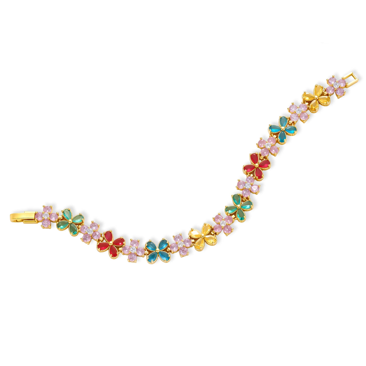 Gold-plated jewelry set with pink, turquoise and red flower-shaped cubic zirconia stones, featuring necklace, earrings and bracelet.