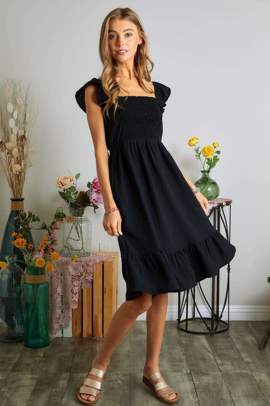 Smocked Square Neck Ruffled Cap Sleeve Dress