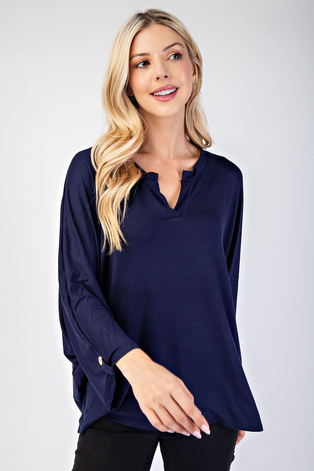 Notched Three-Quarter Sleeve Blouse