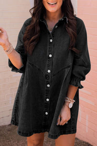 Distressed Collared Neck Flounce Sleeve Denim Dress