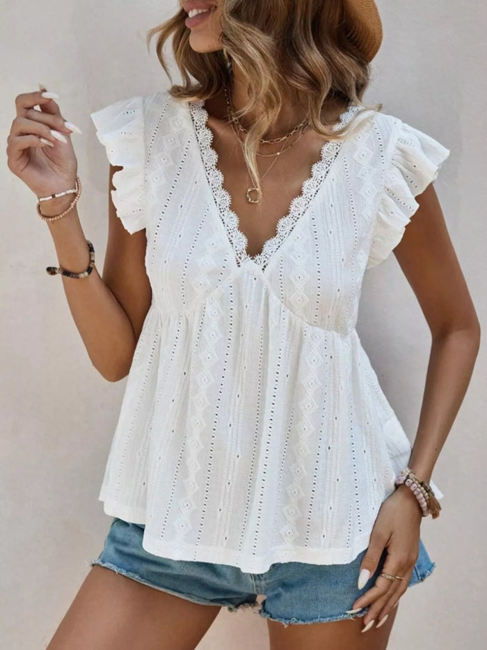 Light pink Ruffle Sleeve V-Neck Blouse by Trendsi, featuring ruffled sleeves and a flattering V-neck design.