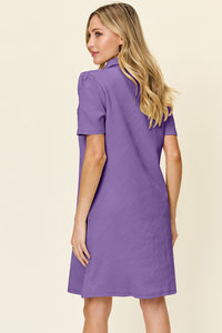 Double Take Texture Collared Neck Short Sleeve Dress