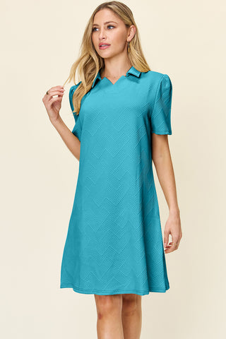 Double Take Texture Collared Neck Short Sleeve Dress