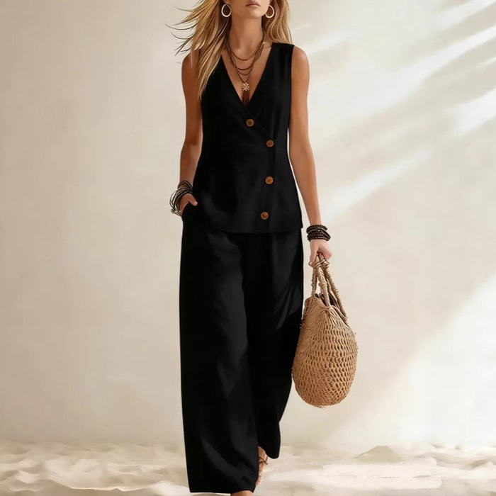 Women's Button-Up Cardigan Vest & Pants Set – Sleeveless Two-Piece