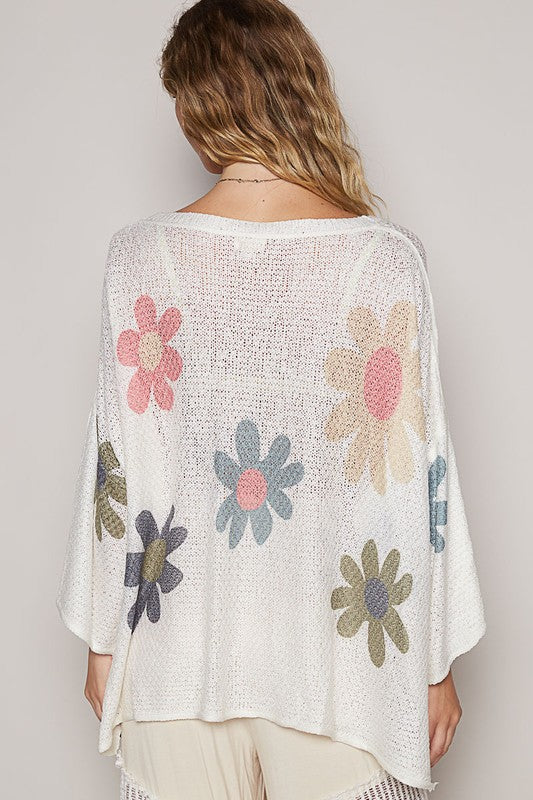 Flower Dropped Shoulder Long Sleeve Knit Top