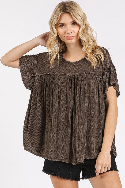 Mineral Washed Round Neck Ruffle Sleeve Blouse