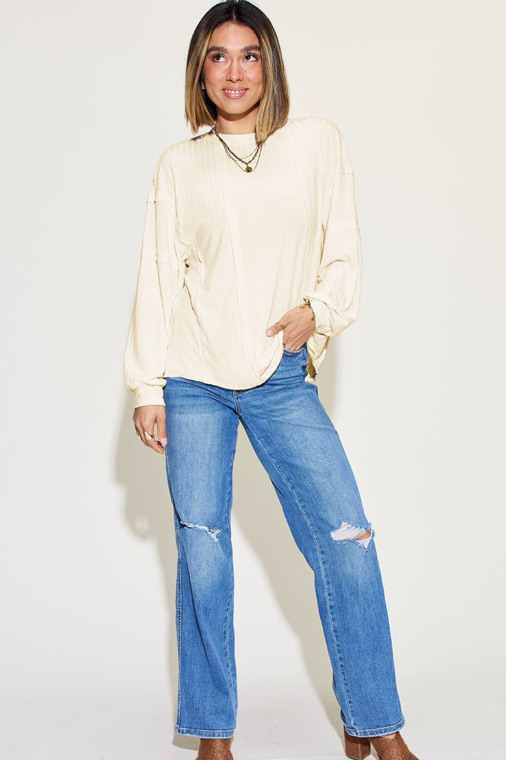 Basic Bae Ribbed Round Neck Long Sleeve T-Shirt