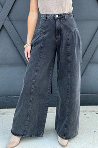 Dark Grey Pleated Wide Leg Mineral Wash Jeans