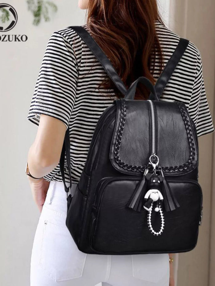Braided trim leather handbag from Trendsi featuring a stylish, structured design with shoulder straps and detailed craftsmanship.