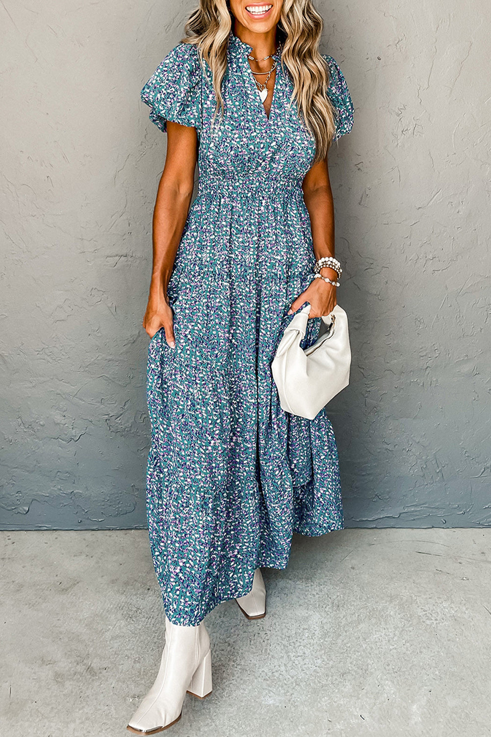 Blue Abstract Print Split V Neck Shirred High Waist Maxi Dress