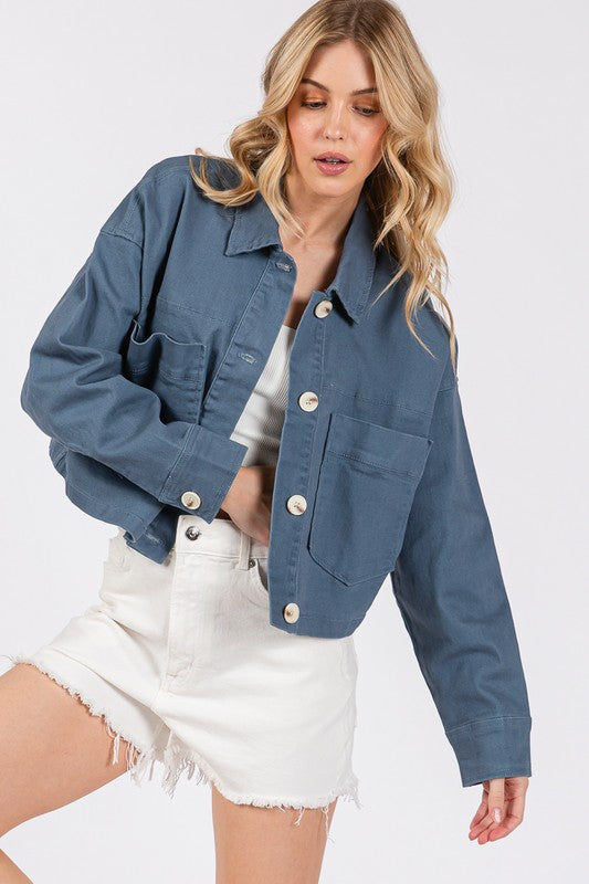 Cropped Denim Jacket with Patch Pockets