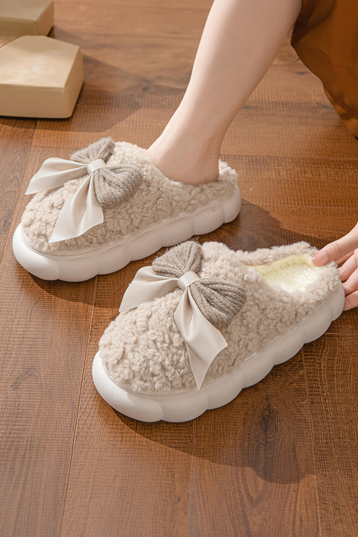 Camel Contrast Bowknot Applique Plush Winter Slippers