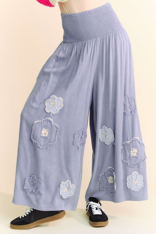 Smocked Waist Flower Patch Wide Leg Pants