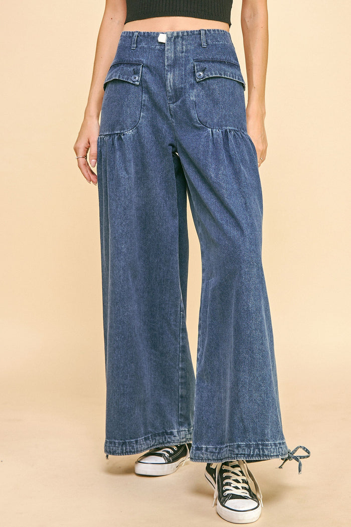 Drawstring Hem Wide Leg Mid Rise Jeans