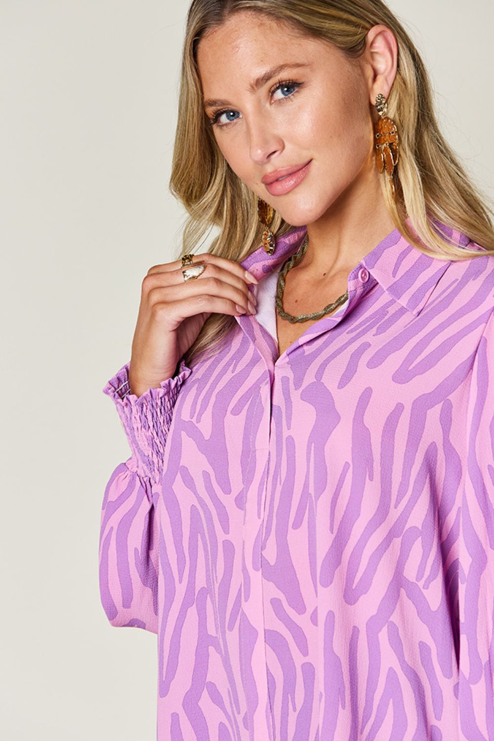 Double Take Printed Smocked Long Sleeve Blouse