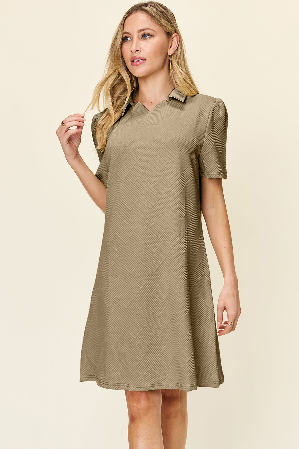 Double Take Texture Collared Neck Short Sleeve Dress