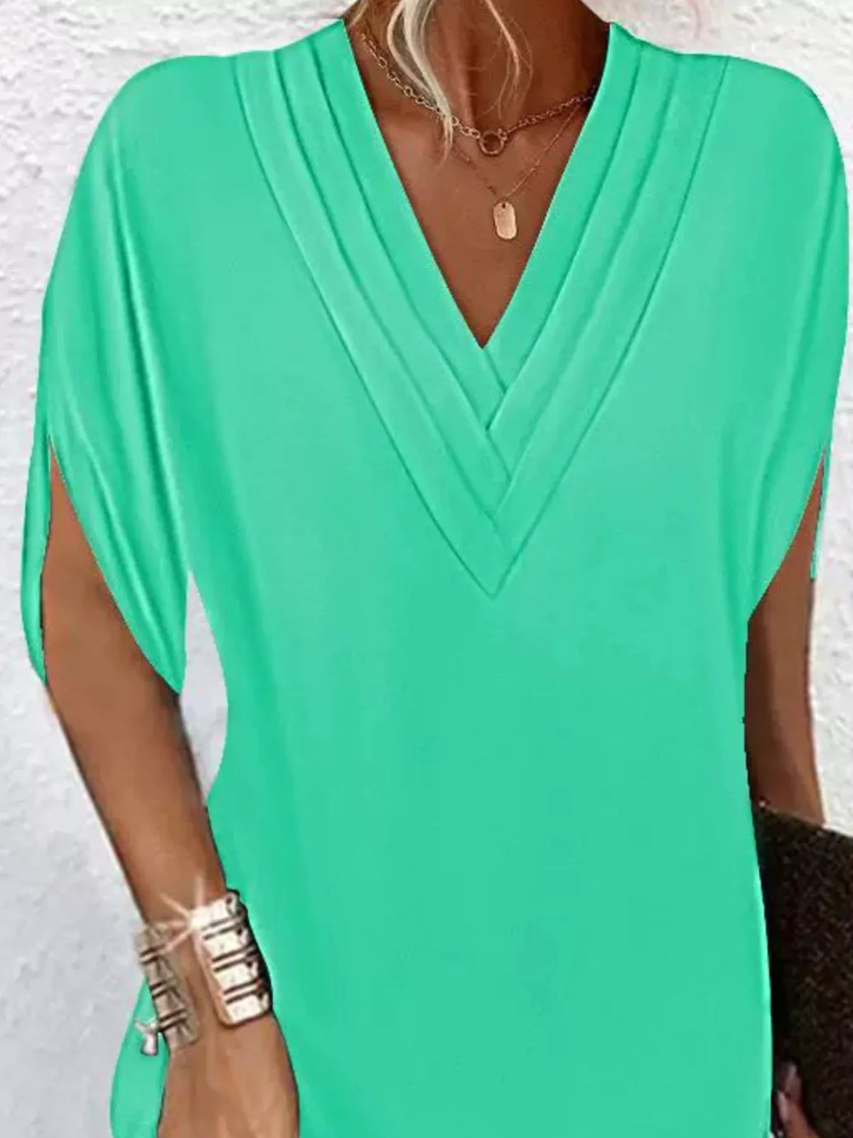 Trendsi full size v-neck mini dress with slit sleeves in a stylish design, perfect for plus size fashion.