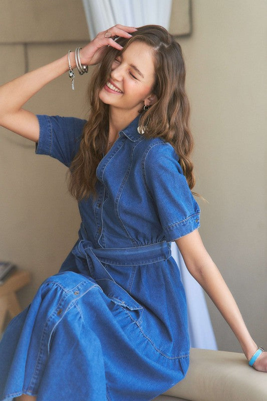 Tiered Button Down Tie Waist Short Sleeve Denim Dress