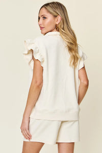 Trendsi double take texture flounce sleeve top and drawstring shorts two-piece set, stylish and comfortable casual outfit.