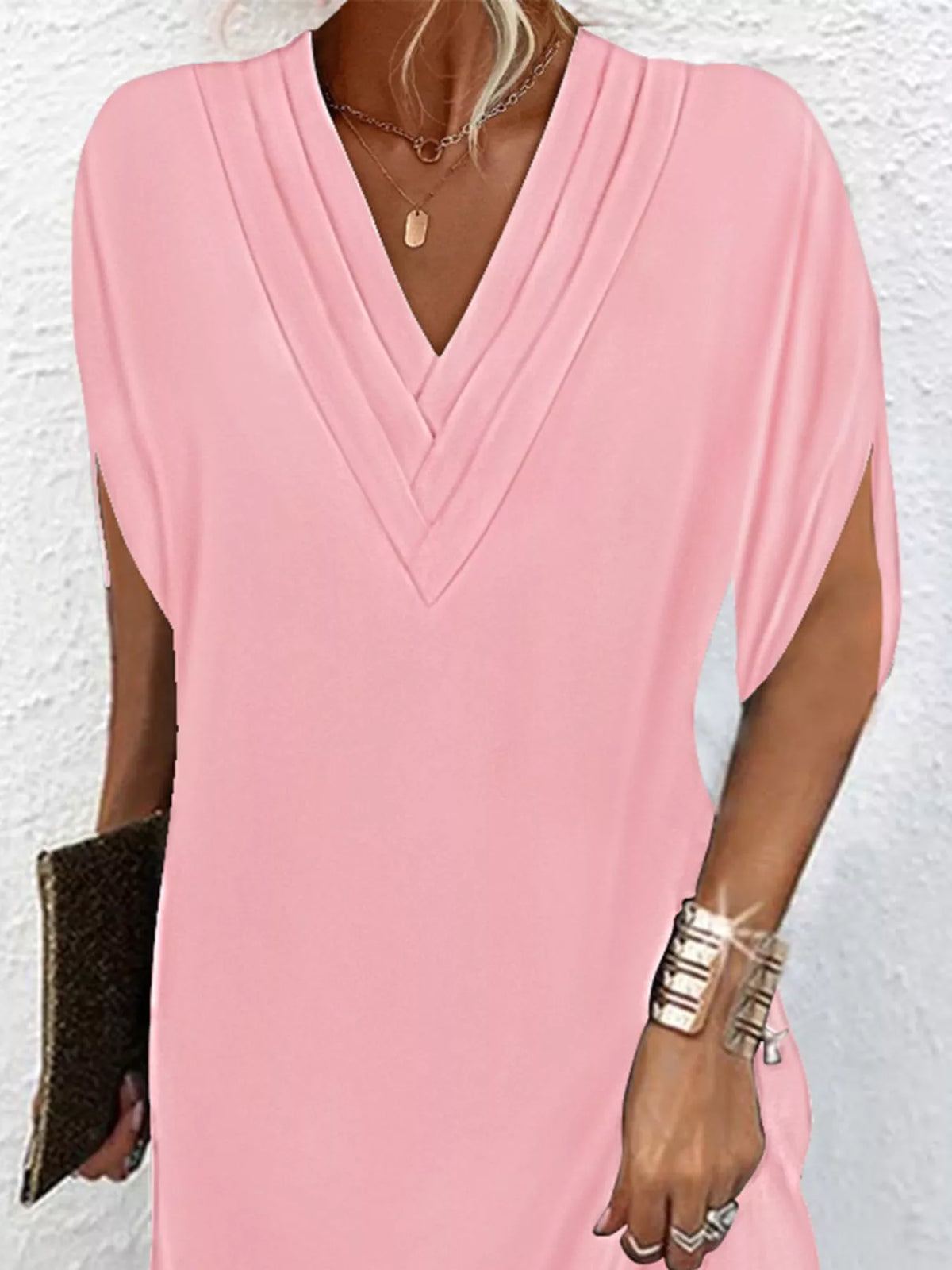 Plus size Trendsi full size mini dress featuring a V-neck and slit sleeves in a stylish design.