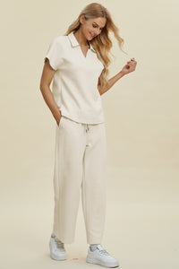 Double Take Collared Neck Short Sleeve Top and Pants Set