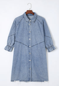 Distressed Collared Neck Flounce Sleeve Denim Dress