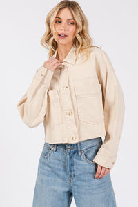 Button Down Cropped Denim Jacket with Patch Pockets